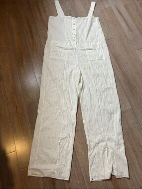 Women's White Linen Wide-Leg Jumpsuit with Pockets s size Large